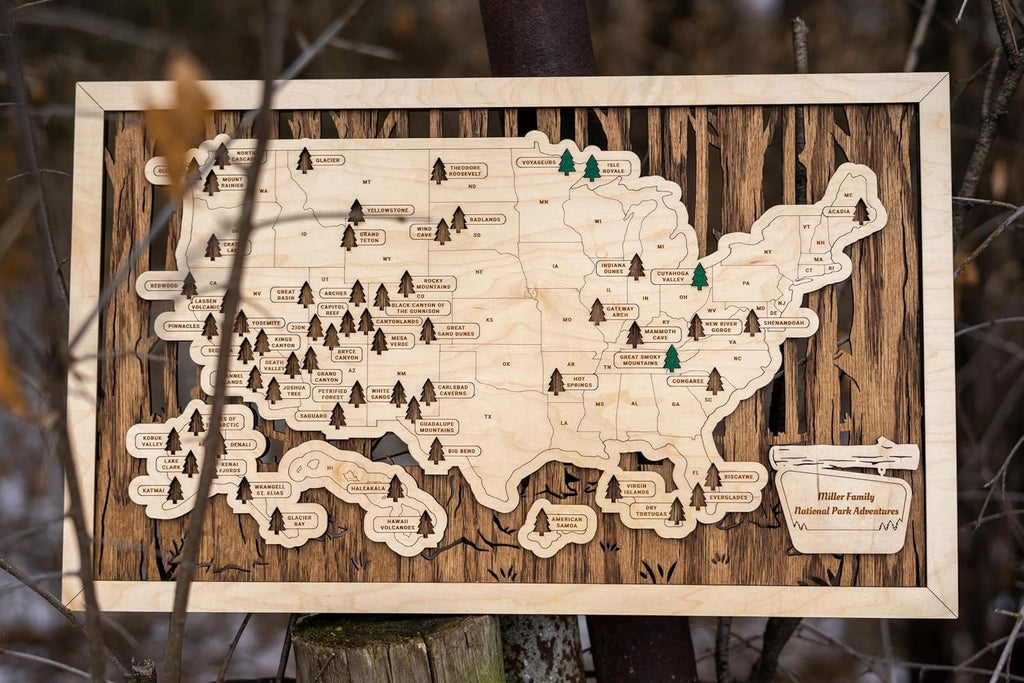 US Wooden National Parks Tracker Map With Trees To Record Park Visits