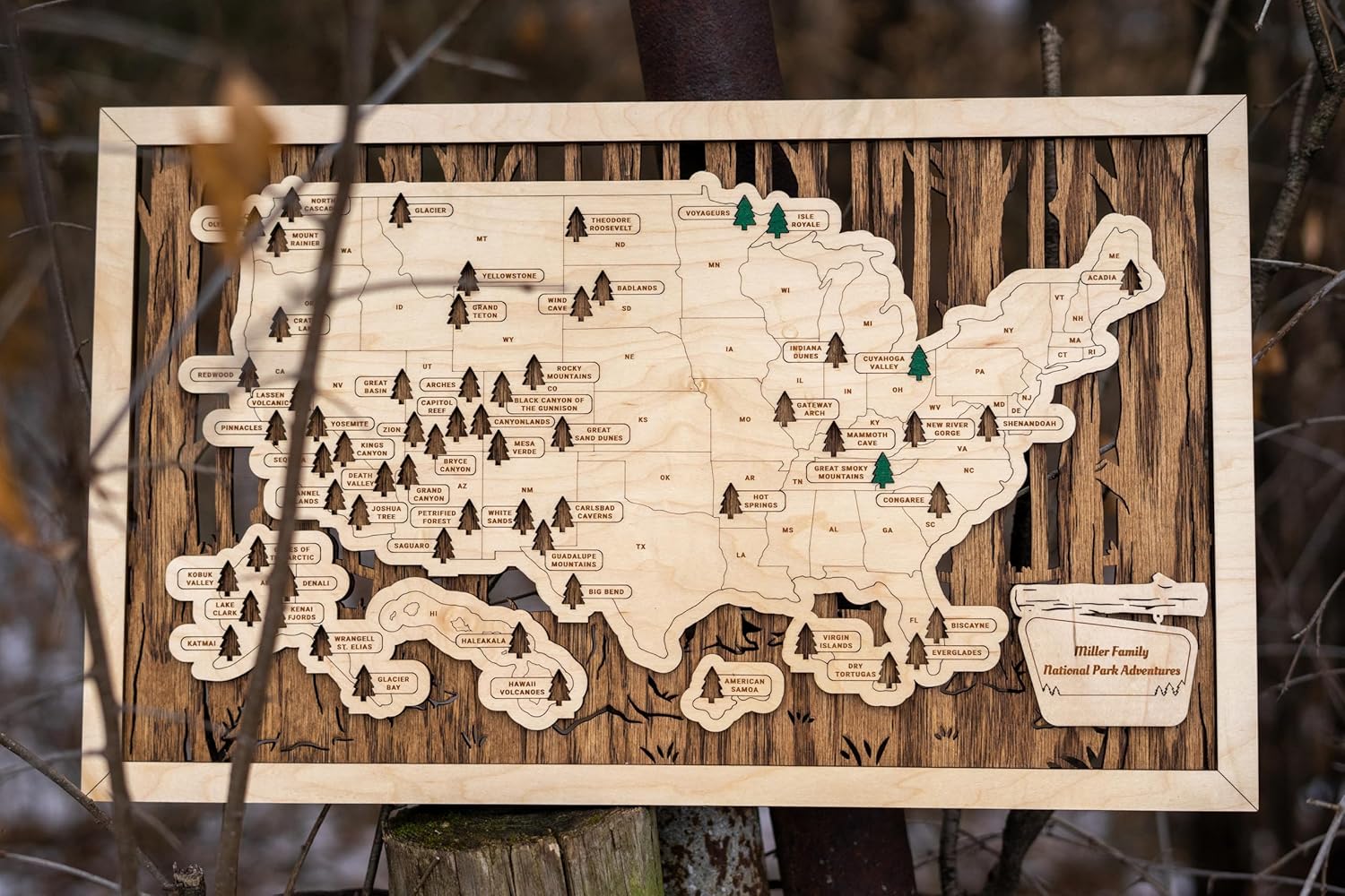 US Wooden National Parks Tracker Map With Trees To Record Park Visits