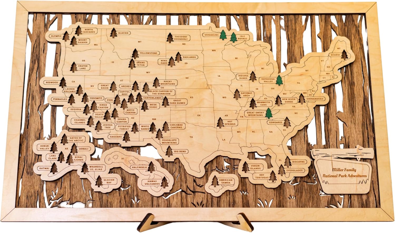 US Wooden National Parks Tracker Map With Trees To Record Park Visits