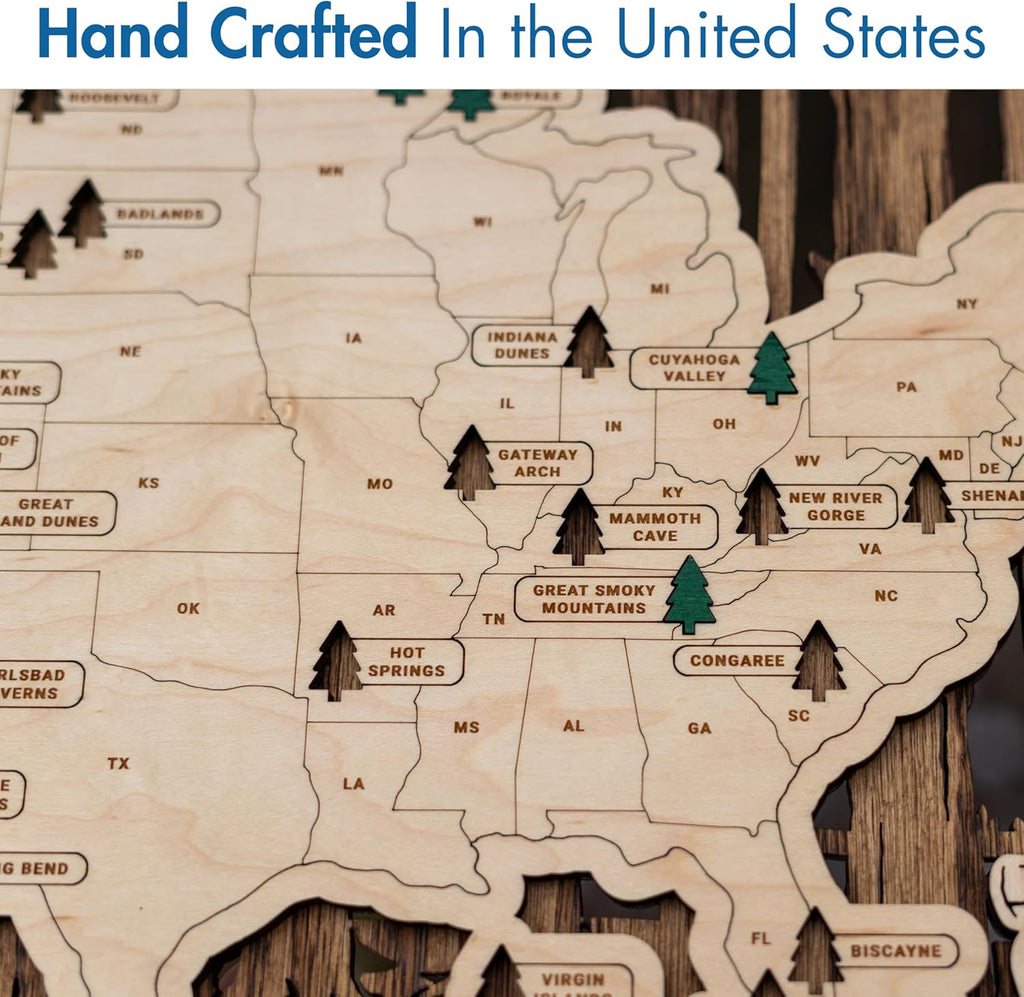 US Wooden National Parks Tracker Map With Trees To Record Park Visits