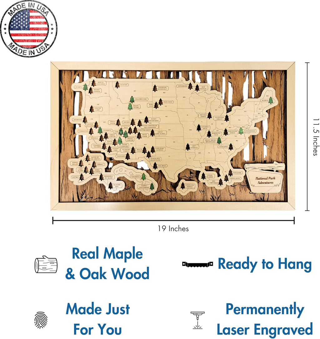 US Wooden National Parks Tracker Map With Trees To Record Park Visits