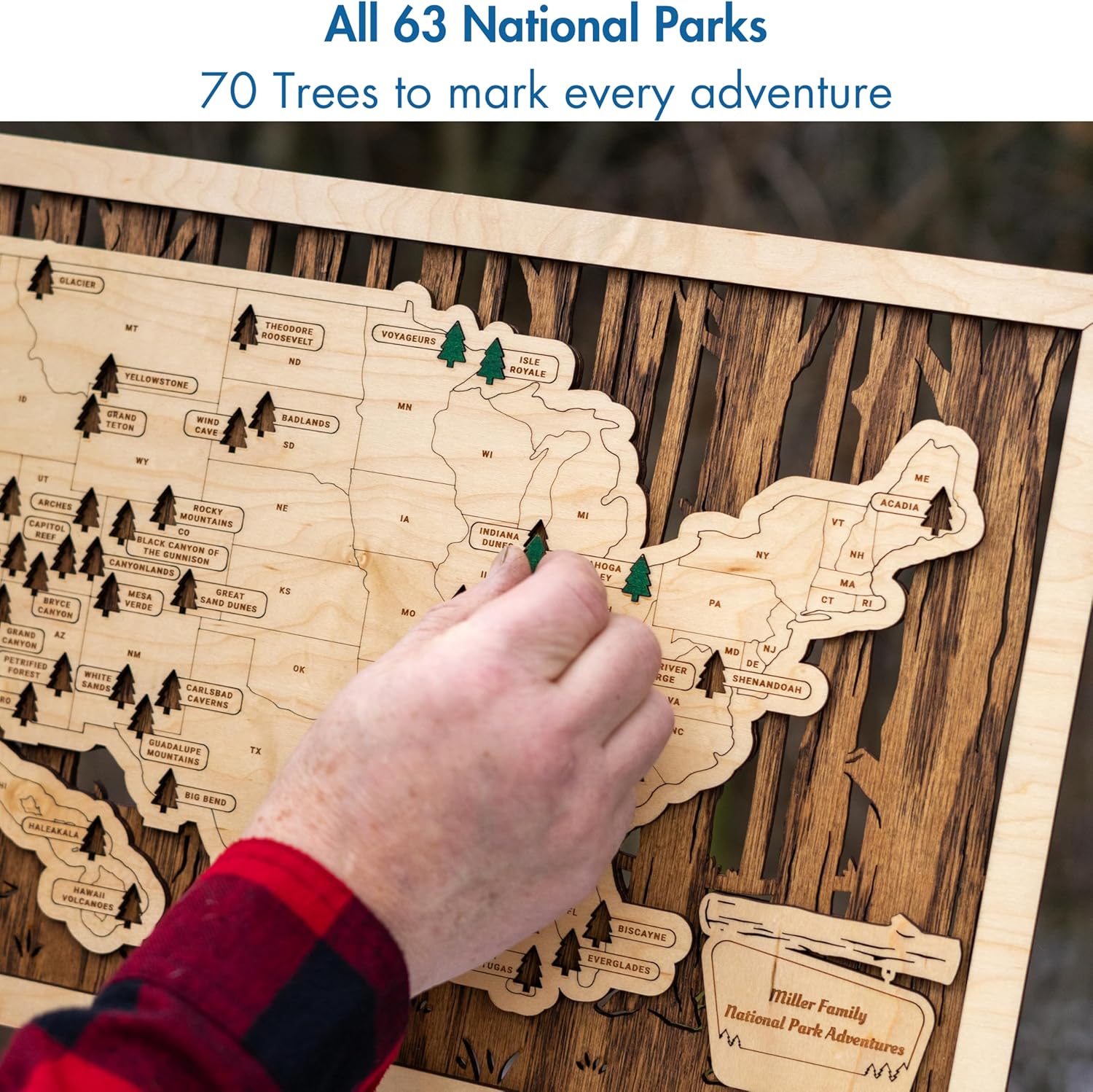 US Wooden National Parks Tracker Map With Trees To Record Park Visits