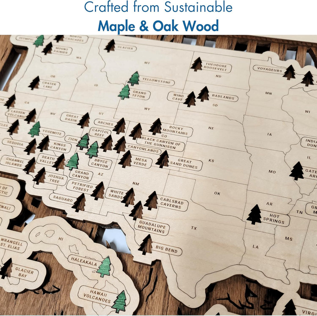 US Wooden National Parks Tracker Map With Trees To Record Park Visits