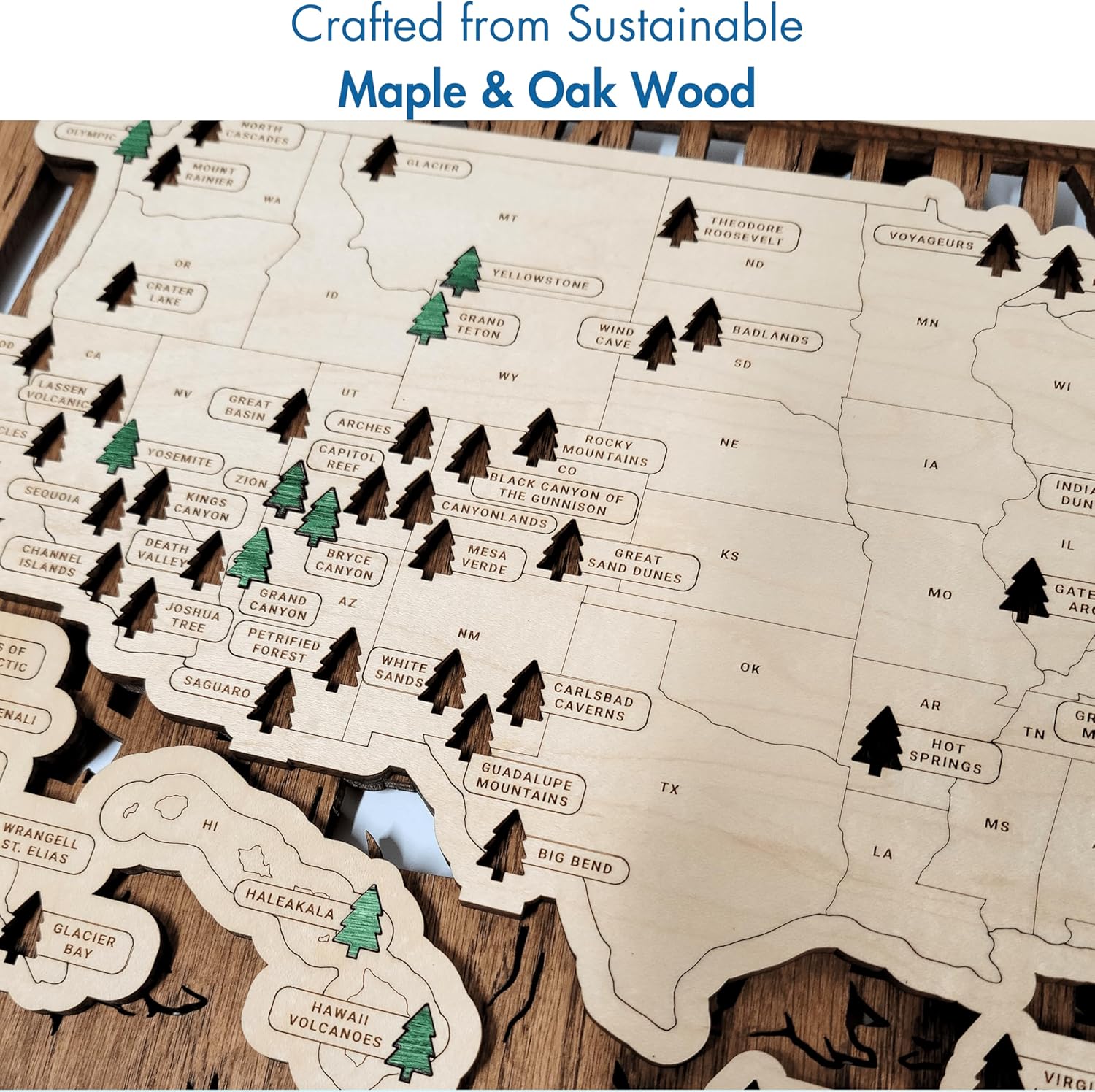US Wooden National Parks Tracker Map With Trees To Record Park Visits