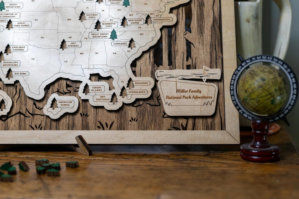 US Wooden National Parks Tracker Map With Trees To Record Park Visits