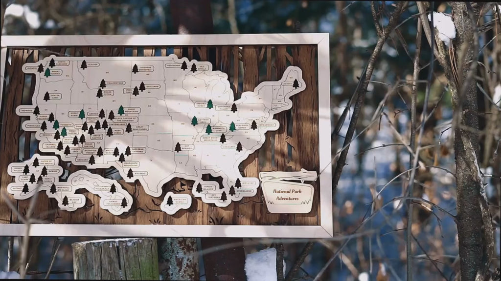 US Wooden National Parks Tracker Map With Trees To Record Park Visits